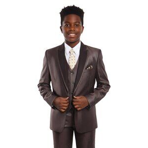 Tazzio 5-Piece Boys Slim Fit Sharkskin Suit Set, Brown